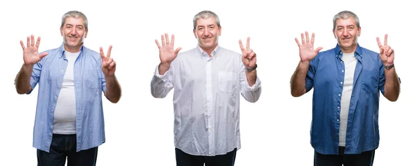 在白色孤立的背景显示和指向与手指数字七 而微笑自信和快乐的高级白头人拼贴画 — 图库照片