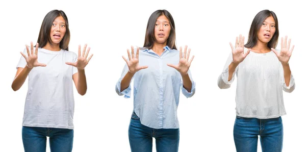 Collage Mujer Joven Asiática Pie Sobre Fondo Blanco Aislado Asustado —  Fotos de Stock