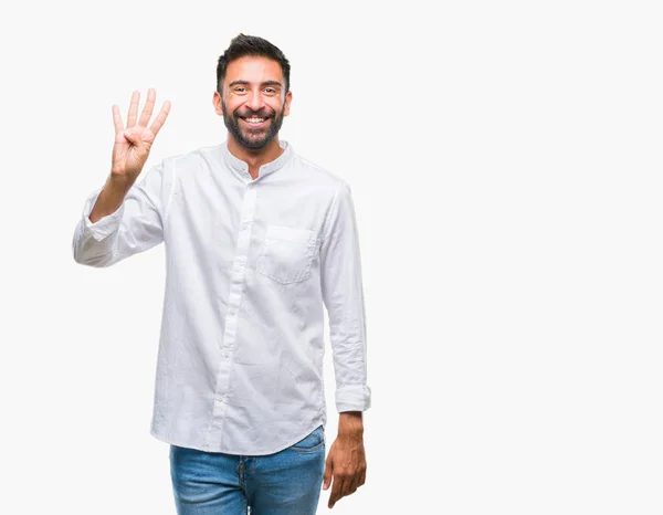 Hombre Hispano Adulto Sobre Fondo Aislado Mostrando Señalando Hacia Arriba — Foto de Stock