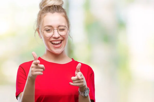 Mujer Rubia Joven Con Gafas Sobre Fondo Aislado Señalando Los — Foto de Stock