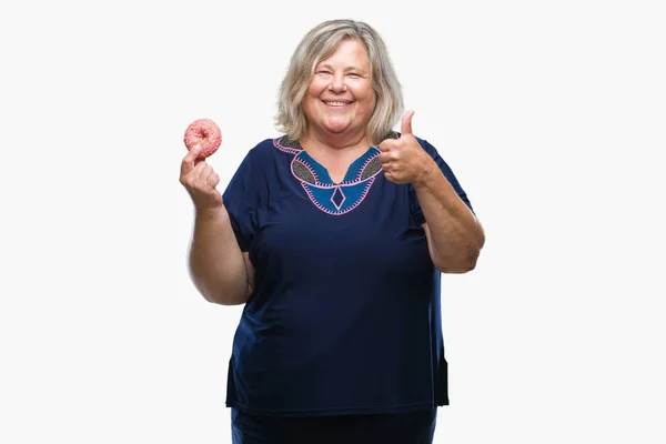 Senior Más Tamaño Caucásico Mujer Comiendo Azúcar Donut Sobre Aislado — Foto de Stock