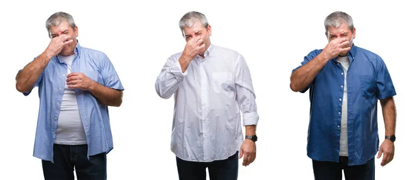 Collage Senior Hoary Man White Isolated Backgroud Smelling Something Stinky — Stock Photo, Image