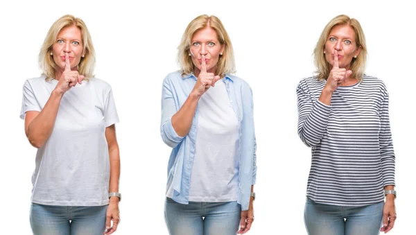 Collage Beautiful Middle Age Blonde Woman White Isolated Backgroud Asking — Stock Photo, Image