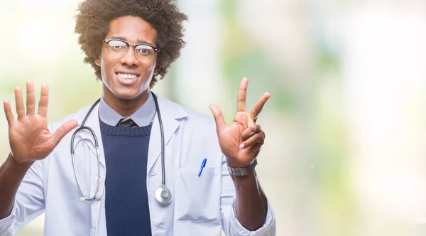 Afro American Doctor Man Isolated Background Showing Pointing Fingers Number — Stock Photo, Image