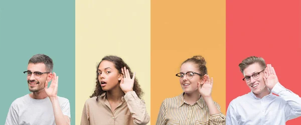 Collage Van Een Groep Mensen Geïsoleerd Kleurrijke Achtergrond Glimlachend Met — Stockfoto