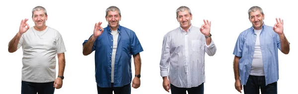 Collage Van Senior Hoary Man Witte Geïsoleerde Backgroud Glimlachend Positieve — Stockfoto