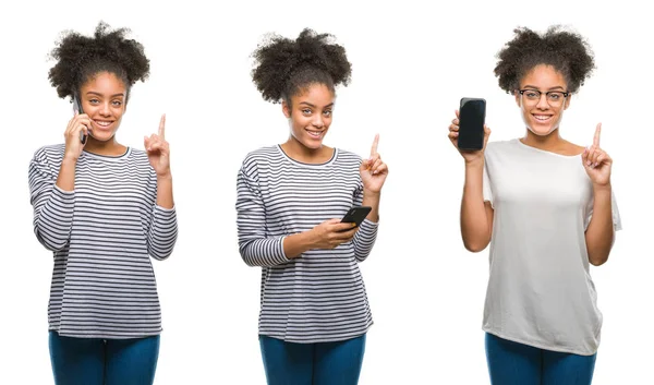 Collage Van Afrikaanse Amerikaanse Vrouw Houdt Smarpthone Geïsoleerde Achtergrond Verrast — Stockfoto