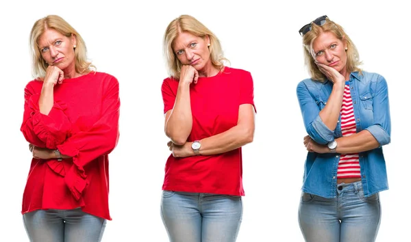 Collage Vackra Medelålders Blond Kvinna Över Vita Isolerade Backgroud Tänkande — Stockfoto