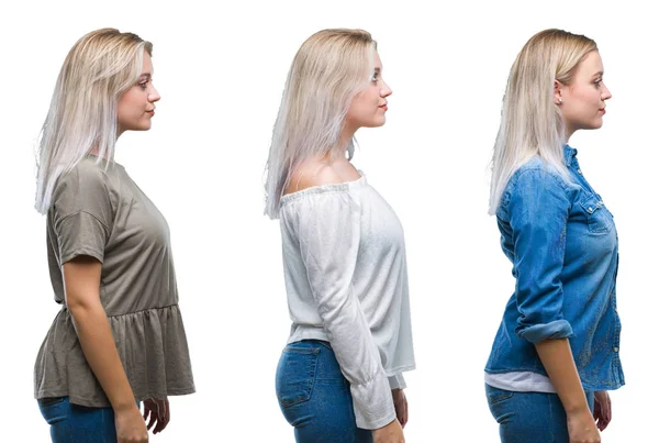 Collage Von Schönen Blonden Jungen Frau Über Isolierten Hintergrund Zur — Stockfoto