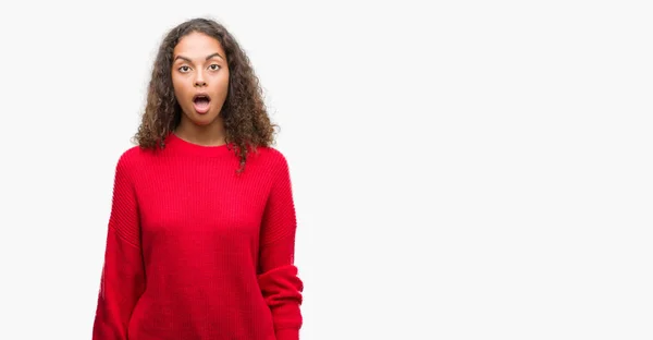 Young Hispanic Woman Wearing Red Sweater Afraid Shocked Surprise Expression — Stock Photo, Image