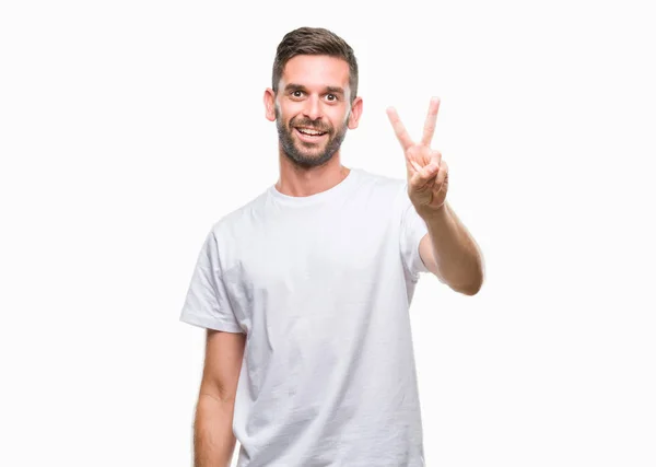 Joven Hombre Guapo Sobre Fondo Aislado Sonriendo Mirando Cámara Mostrando —  Fotos de Stock