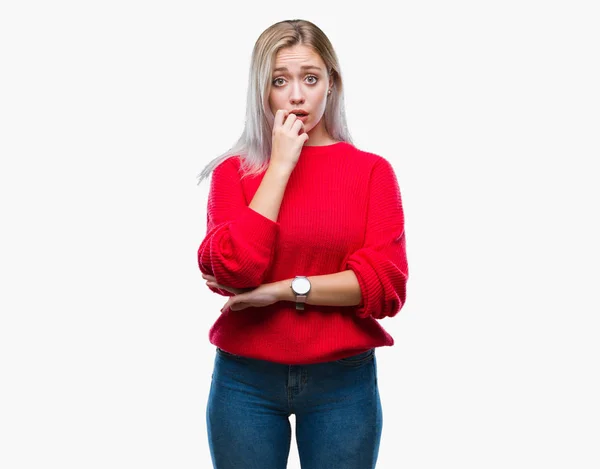 Young Blonde Woman Wearing Winter Sweater Isolated Background Looking Stressed — Stock Photo, Image