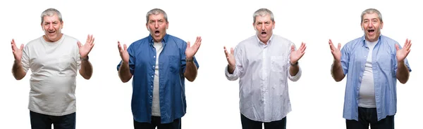 Collage Von Senior Hoary Mann Über Weißen Isolierten Hintergrund Verrückt — Stockfoto