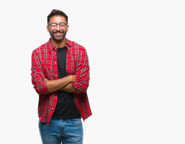 Vuxen Spansktalande Man Bär Glasögon Över Isolerade Bakgrund Glada Ansikte — Stockfoto