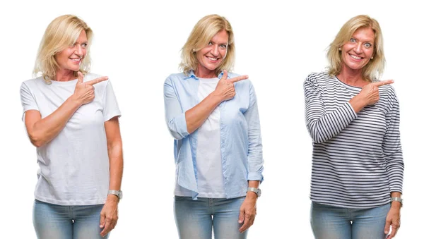 Collage Vackra Medelålders Blond Kvinna Över Vita Isolerade Backgroud Glada — Stockfoto