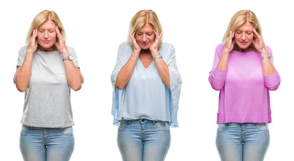 Collage Hermosa Mujer Rubia Mediana Edad Sobre Fondo Blanco Aislado — Foto de Stock