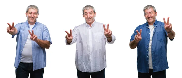 Collage Senior Hoary Man White Isolated Backgroud Smiling Looking Camera — Stock Photo, Image