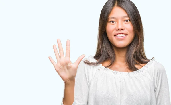 Jonge Aziatische Vrouw Geïsoleerde Achtergrond Weergeven Met Vingers Omhoog Nummer — Stockfoto