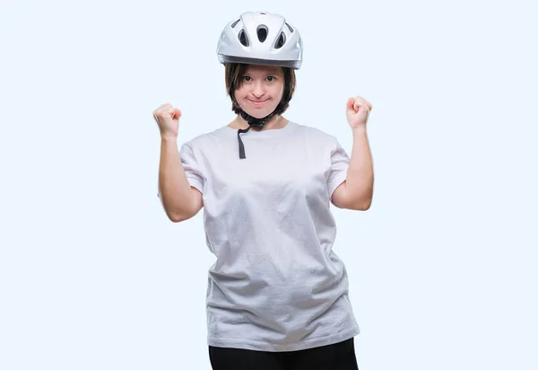 Young Adult Cyclist Woman Syndrome Wearing Safety Helmet Isolated Background — Stock Photo, Image