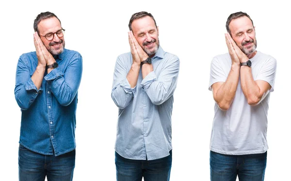 Collage Handsome Senior Hoary Man Standing Isolated Background Sleeping Tired — Stock Photo, Image