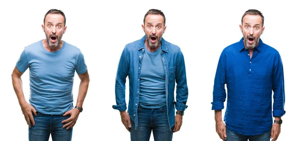 Collage Bel Homme Sénior Portant Une Chemise Bleue Sur Fond — Photo