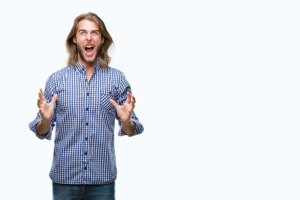 Homem Bonito Jovem Com Cabelos Longos Sobre Fundo Isolado Louco — Fotografia de Stock