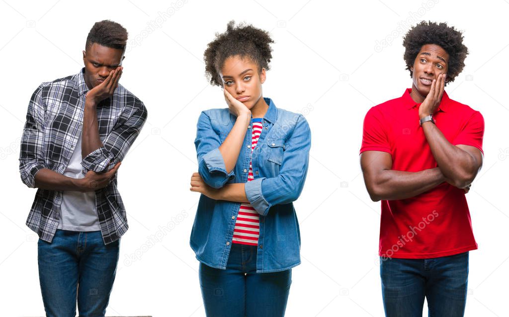 Collage of group african american people with afro hair over isolated background thinking looking tired and bored with depression problems with crossed arms.