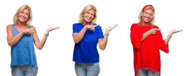 Beyaz izole backgroud hayrete ve el ile sunulması ve parmak ile işaret ederken kameraya gülümseyen güzel orta yaş sarışın kadın kolaj.