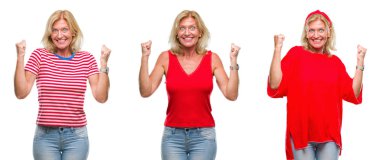 Kolaj güzel orta yaş Beyaz sarışın kadın backgroud kutluyor izole şaşırttı ve silah ile başarı için yükseltilmiş ve açık gözler hayrete düşürdü. Kazanan kavramı.