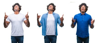 Afrikalı-Amerikalı genç gömleksiz adam ve iş adamı izole arka plan üzerinde kolaj hayrete ve yukarıya bakıyor ve parmakları ile işaret ve silah kaldırdı şaşırttı.