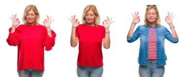 Kolaj izole backgroud relax beyaz ve gözleri ile gülümseyen güzel orta yaş sarışın kadın bir parmak ile meditasyon jest yapıyor kapalı. Yoga kavramı.