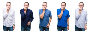 Stresli ve gergin elle çivi ısırma ağzına bakarak izole arka plan üzerinde duran yakışıklı üst düzey ağarmış zarif iş adamı kolaj. Anksiyete sorunu.