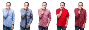 Yakışıklı zarif üst düzey ağarmış adam stresli ve gergin elle çivi ısırma ağzına bakarak izole arka plan üzerinde ayakta kolaj. Anksiyete sorunu.