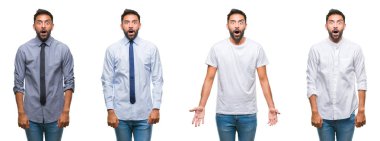 Rahat bakmak beyaz izole backgroud korkuyor ve şok sürpriz ifade, korku ve heyecan yüz üzerinde giyen genç adam kolaj.