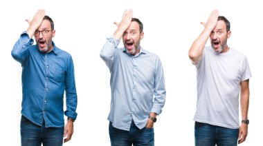 Arka plan hata için kafasına el ile sürpriz yakışıklı üst düzey ağarmış adam ayakta kolaj izole, hata hatırlıyorum. Unuttum, kötü bellek kavramı.