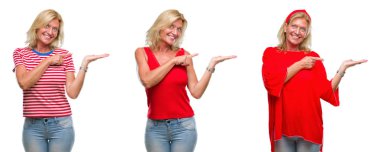 Beyaz izole backgroud hayrete ve el ile sunulması ve parmak ile işaret ederken kameraya gülümseyen güzel orta yaş sarışın kadın kolaj.