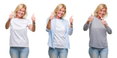 Kolaj güzel orta yaş Beyaz sarışın kadın backgroud onaylama izole el ile pozitif jest yapıyor gülümseyen ve başarı için mutlu yaşasın. Kamera, kazanan jest arıyorsunuz.