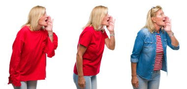 Kolaj bağırarak ve ağzı üzerinde el ile yan için çığlık beyaz izole backgroud güzel orta yaş sarışın kadın. İletişim kavramı.