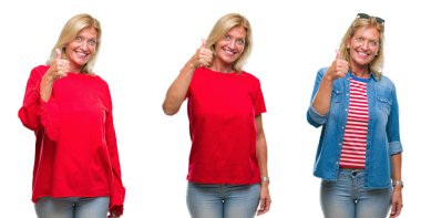 Güzel orta yaş sarışın kadın hareketi el ile mutlu yaşasın yapıyor beyaz izole backgroud kolaj. Kameraya bakarak başarı gösteren ile ifade onaylama.