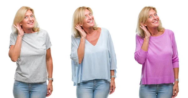Collage Van Middenleeftijd Mooie Blonde Vrouw Witte Geïsoleerde Backgroud Glimlachend — Stockfoto