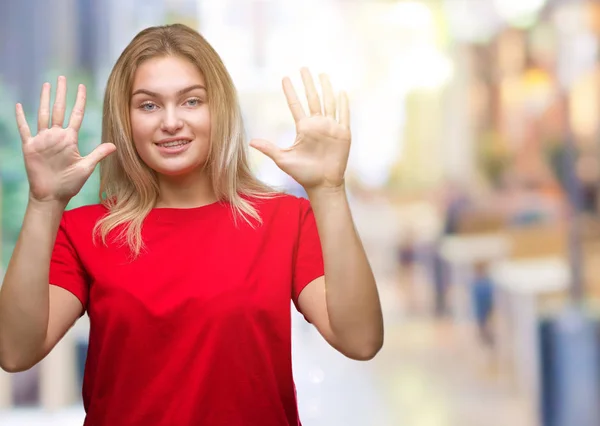 Молодая Белая Женщина Изолированном Фоне Показывает Показывает Пальцами Номер Десять — стоковое фото