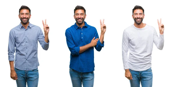 Colagem Belo Jovem Indiano Sobre Fundo Isolado Sorrindo Com Rosto — Fotografia de Stock