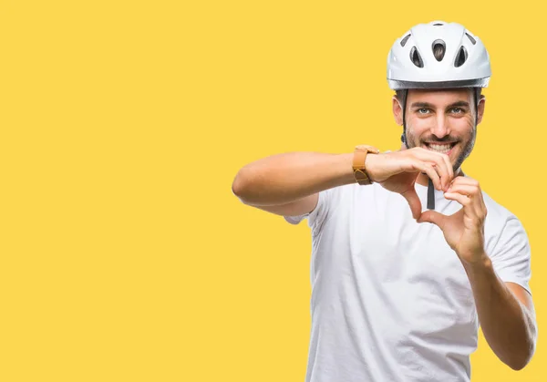 Joven Hombre Guapo Con Casco Seguridad Ciclista Sobre Fondo Aislado — Foto de Stock