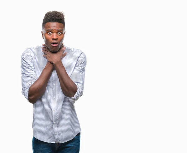 若いアフリカ系アメリカ人以上背景の叫びを分離し 窒息のため痛みを伴う首を絞め 健康上の問題 窒息させると自殺の概念 — ストック写真