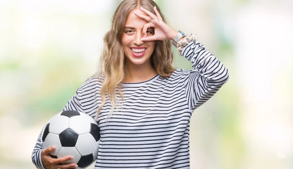 Schöne Junge Blonde Frau Hält Fußballball Über Isoliertem Hintergrund Mit — Stockfoto