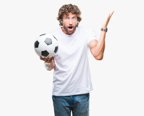 Handsome Hispanic Man Model Holding Soccer Football Ball Isolated Background — Stock Photo, Image