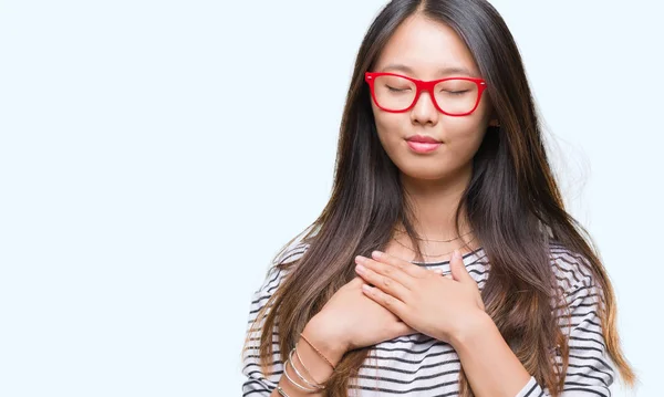 Young Asian Woman Wearing Glasses Isolated Background Smiling Hands Chest — Stock Photo, Image