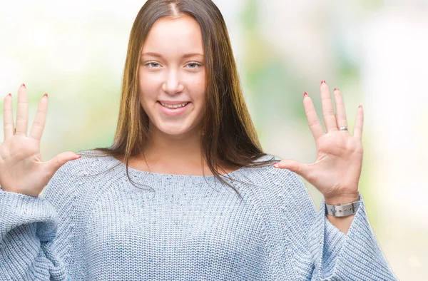 Genç Güzel Beyaz Kadın Giyiyor Kış Kazak Gösterilen Parmakları Ile — Stok fotoğraf
