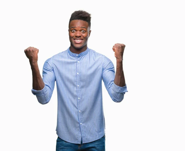 Joven Hombre Negocios Afroamericano Sobre Fondo Aislado Celebrando Sorprendido Sorprendido —  Fotos de Stock