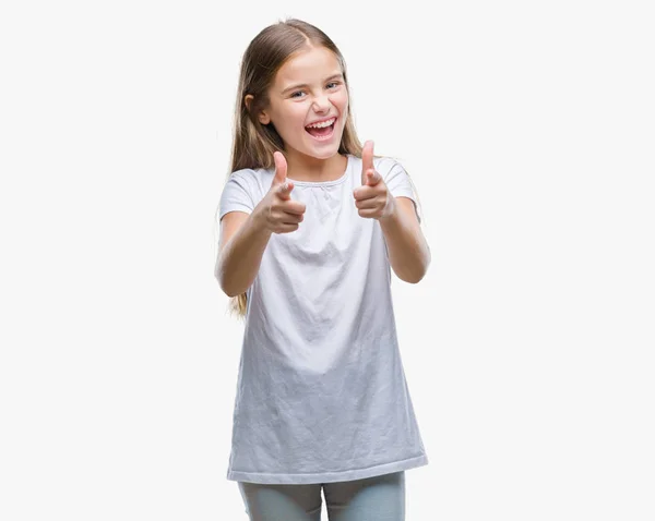 Młoda Piękna Dziewczyna Białym Tle Wskazując Palcami Aparatu Twarzy Szczęśliwy — Zdjęcie stockowe